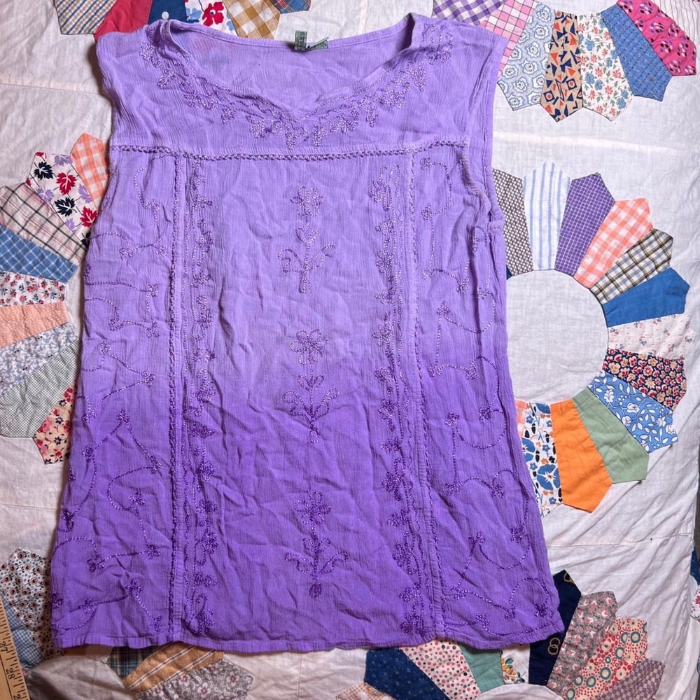Kaaku Purple‎ Embroidered Beaded Sleeveless Cotton Rayon Tunic Top Boho Medium